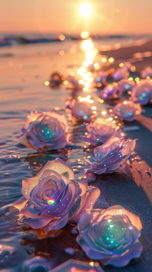 this is a beautiful beach under the setting sun, there are many smooth and round transparent roses scattered on the beach the roses with transparent agate texture gradually become white and beautiful luminous transparent purple light green rose, luminous transparent blue light white rose, colorful, crystal clear, glittering, bright lighting, wide-angle lens, smooth and delicate, luminous opal, high-definition 8k v ultra wide angle, super detai