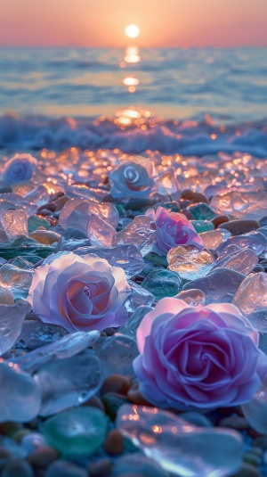 this is a beautiful beach under the setting sun, there are many smooth and round transparent roses scattered on the beach the roses with transparent agate texture gradually become white and beautiful luminous transparent purple light green rose, luminous transparent blue light white rose, colorful, crystal clear, glittering, bright lighting, wide-angle lens, smooth and delicate, luminous opal, high-definition 8k v ultra wide angle, super detai
