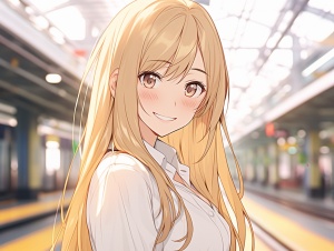 黄色长直发,女孩，穿着华丽的白衬衫在高铁站等车，浅笑，半身,精致五官,,背景虚化，美少女，超高清。最佳画质。逼真。保守