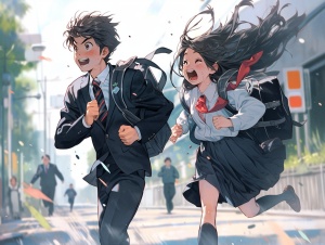 一张高考毕业照，一个帅气的男生牵着一个漂亮的女生，穿着高中校服，在校园里奔跑