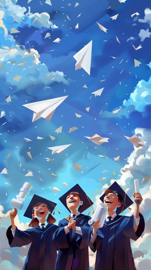 制作一张毕业海报，3个拿着纸飞机的卡通毕业生，笑得很开心，纸飞机在空中漂浮，蓝色的天空，动画，可爱和丰富多彩，长而深的距离，高细节，高质量