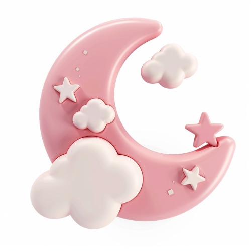 pink cartoon moon and cloud icon, simple shapes, white background, 3D rendering in the style of vector style, cute style, white clouds, pink crescent shape, pink stars on the side of the logo, pink color scheme, simple lines, white background, 45 degree perspective angle