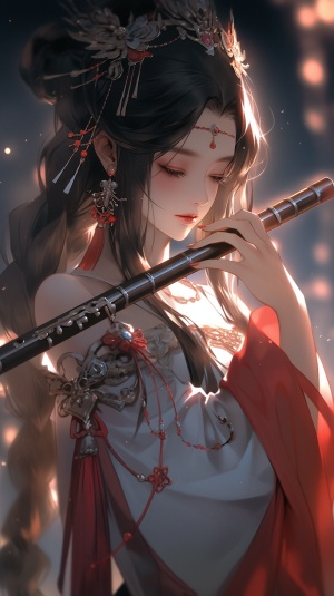 一个中国女子，汉服，手里拿着玉笛，法器，战斗状态，精美的头饰，玉笛有神光围绕，眼妆精美，红蓝配色，