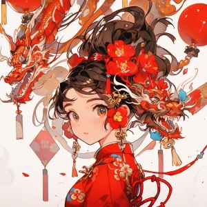 新年头像 女孩 两个丸子头，丸子头上面有两个红色梅花，带一对龙耳环 穿着红色旗袍 拿着烟花棒 美丽 喜庆 温柔甜美