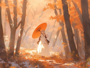 汉服，少女，橙白相间长裙，撑着伞，在枫树林里，橙色色调，晴天，全身照，广角