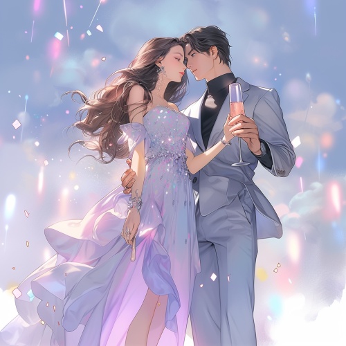 A cute girl in a light blue dress is holding herfeet up, wearing high heels and white stockings,standing next to a handsome young man in a gray suit,with sparkling stars around them, holding champagne glasses on a pastel purple background, with a dreamy atmosphere, in the style of a Korean digital paintingillustration.