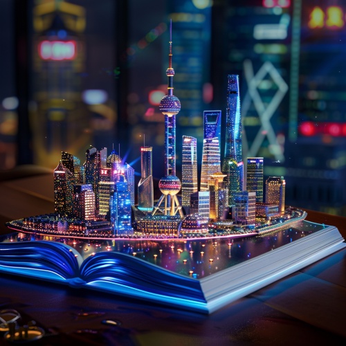 帮我生成一张图像：我打开了一本魔法书，里面展示着上海的3D模型，以全息投影的方式呈现，细节极致，而且是夜景，超高清晰度，全息风格，3D。