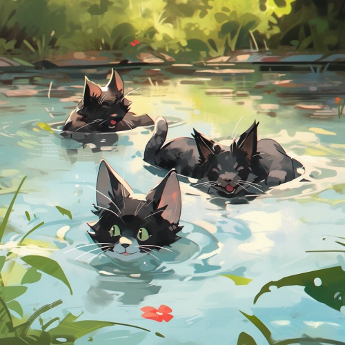 夏天，猫咪在游泳