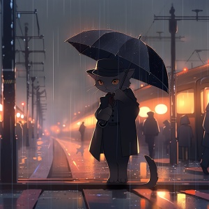 汤姆猫穿着黑西服，撑着雨伞，独自站在雨中，生活火车缓缓驶过