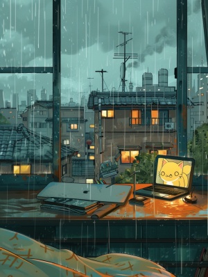 图片展示了一个透过窗户看到的场景，外面正在下雨，可以看到多栋现代风格的高楼大厦和一栋低矮的建筑物，建筑物的屋顶上有一个小烟囱或天线。房间内有一张床和一个桌子，桌子上放着一台笔记本电脑，正在播放动画片，屏幕上显示的是一只猫拿着冰淇淋或饮料的画面。
