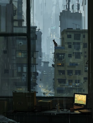 图片展示了一个透过窗户看到的场景，外面正在下雨，可以看到多栋现代风格的高楼大厦和一栋低矮的建筑物，建筑物的屋顶上有一个小烟囱或天线。房间内有一张床和一个桌子，桌子上放着一台笔记本电脑，正在播放动画片，屏幕上显示的是一只猫拿着冰淇淋或饮料的画面。
