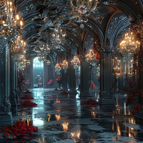 A luxurious scene of a European vampire wedding, with no people present, only the lavish background.