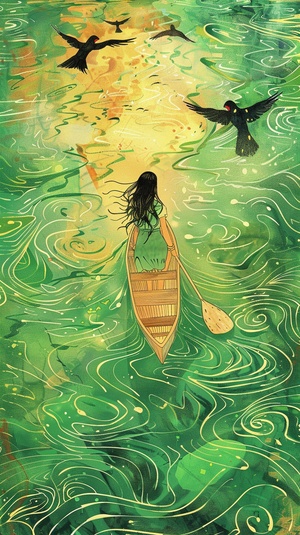 There is a girl rowing forward on a paddle boat, surrounded by line-shaped green water ripples. There are flying swallows in the sky. The picture has wickers fluttering. It is from Chinese mythology. The illustration is painted with colorful lines in a flat style, with green tones as the main theme. The composition perspective is a top view, Van Gogh's painting style, looking down from the sky, 64K s 1000 niji 6