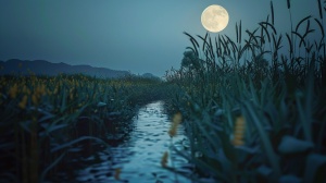 麦田,溪流,月亮,夜晚,真实感,徕卡镜头,电影感,景深