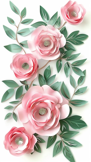 一套粉色和绿色的花卉,每朵花的侧面都有叶子。剪纸艺术风格,立体雕刻,浅白色背景,粉色牡丹花,绿叶装饰,鲜艳的颜色,清晰的细节,自然光照效果,简单的构图,以及高分辨率。以剪纸艺术风格呈现。超强立体剪纸感