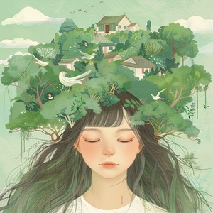 A Chinese girl with long hair , wearing white and closed eyes in the center of an illustration in the style of Hsiao Ron Cheng . In her head is green trees , houses and people playing happily . A bird flies across her face . The background color should be a light emerald green . This artwork uses soft colors to create a dreamy atmosphere . It features an elegant posture , symmetrical composition , soft lighting , delicate brushstrokes , delicate facial expressions , natural scenery , and tranquility . ar 3: