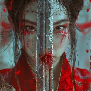 红衣女子 持剑 脸上带了一丝血