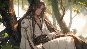 动漫男性，五官精致，帅气，中国古代风格，黑色长发、白色衣服，坐在树上