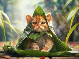 一只憨态可掬的橘猫，用粽子叶，把自己伪装成粽子，细节精细，写实风格，,超真实,摄影图片,电影摄影风格，超高分辨率，杰作
