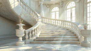 宽阔洁白的楼梯、光滑的栏杆、铺着华丽地毯的阶梯、细腻的石砌楼梯、曲线优雅的扶手、雕刻精致的楼梯台、楼梯台上摆放着金碧辉煌的花瓶、透过楼梯扶手间的小窗户透出的柔和光线、楼梯蜿蜒而上、楼梯螺旋而下、楼梯的每个台阶都十分稳固、楼梯踩上去有如踏云而上的感觉。