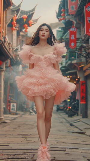 Movie,stili,2023,fashion,,an,american,woman,is,walking,down,the,street,in,a,short,Pink,puffy,dress,,in,the,style,of,movie,still,,ar,4:5,9,2,s,750