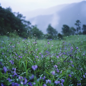 细雨绵绵春意寒，轻烟袅袅绕山间，山谷中隐约传来鸟语花香。蓝灰色的天空中弥漫着湿润的气息，微风轻拂着细雨滴在花瓣上。湿润的草地上，翠绿的小草仍然挺立着，它们身上沾满了雨露的痕迹。水滴顺着叶片滚落，在细雨中形成美丽的水珠。山间的青石路上映着微弱的光芒，被细雨洗涤得更加干净。在这样的春天，小鸟们在树梢上低语，花朵们含苞待放，山间弥漫着一片神秘而宁静的氛围。