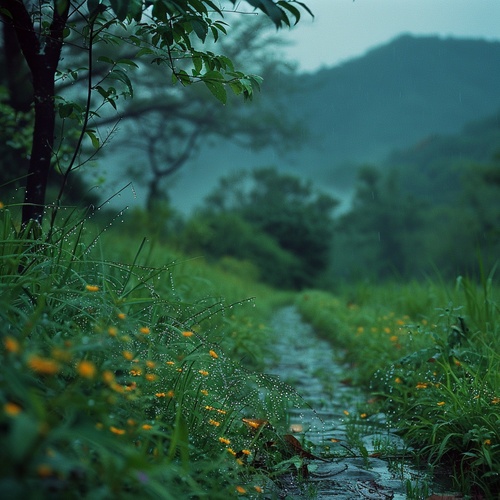 细雨绵绵春意寒，轻烟袅袅绕山间，山谷中隐约传来鸟语花香。蓝灰色的天空中弥漫着湿润的气息，微风轻拂着细雨滴在花瓣上。湿润的草地上，翠绿的小草仍然挺立着，它们身上沾满了雨露的痕迹。水滴顺着叶片滚落，在细雨中形成美丽的水珠。山间的青石路上映着微弱的光芒，被细雨洗涤得更加干净。在这样的春天，小鸟们在树梢上低语，花朵们含苞待放，山间弥漫着一片神秘而宁静的氛围。