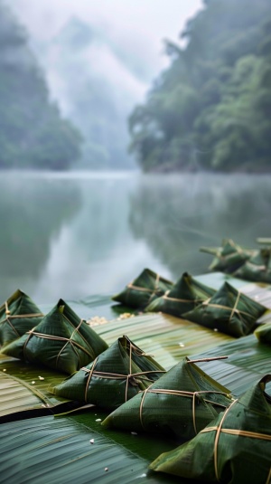 端午节，中国传统节日，一条蜿蜒盘旋的河流被粽子组成的山包围着，绿色的叶子做的粽子，三角体，散落的大米，炊烟，食物的香气，食物微缩摄影