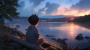 一个可爱的小男孩，眼睛明亮有神，黄昏时分，坐在河边看风景，最高画质，电影级打光