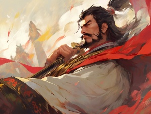 Draw a picture of Cao Cao, Emperor Wu of the Wei Dynasty in the Three Kingdoms period, with his hands sticking his sword in the ground and blowing his cloak with the wind.