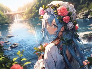 淡蓝色头发的女孩，头上戴一朵蓝色玫瑰，站在室外的一片花和河流边