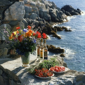 在一座城堡的岩石上设置了海滨野餐，摆放着一排新鲜食材和装在玻璃瓶里的葡萄酒，空气中充满了欢笑。桌子旁边放着一个装满鲜花的花瓶，在明媚的天空中增添了鲜艳的色彩。这一幕捕捉到了户外用餐的最佳本质，将大自然的美与精致的美食融为了一体