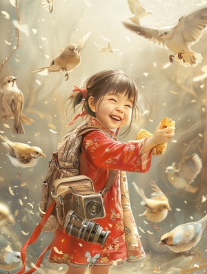 一个漂亮的中国小姑娘穿着红色的小布兜衣，肩上背着单反相机，手里攥着大粽子，满脸笑容，背景和身边是各种鸟。
