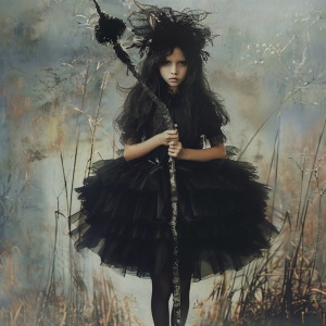 一个鹿耳女孩穿着黑色的公主裙，裙子是短款的，拿着一根法杖，法杖很长