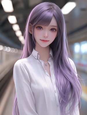 紫色长直发,女孩，穿着华丽的白衬衫在高铁站等车，浅笑，半身,精致五官,,背景虚化，美少女，超高清。最佳画质。逼真。保守