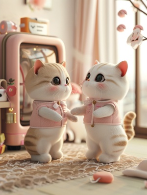 两只穿着粉色和白色卫衣的可爱猫猫，侧面角度站在地上看着抓娃娃机，写实，猫咪拟人化站立，高清，渲染