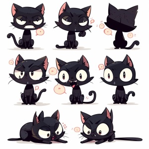 different expressions of the black cat, emoii sheethappy,angry,sad, cry,cute,expecting, laughing,disappointed,, big pink eyes, white background, flatcolor,illustrationniji 5 cute v 6.0