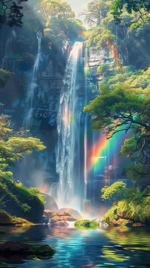 这幅画作将展示一个令人陶醉的宁静瀑布场景，吸引人眼球的同时也给人以内心的宁静感。瀑布水流源源不断地从左侧流淌而下，在郁郁葱葱的绿色森林中形成一道美丽的水帘。中央的瀑布处，一条绚丽多彩的彩虹悄然而现，注入了活力与生机。瀑布和彩虹的倒影在清澈的水面上交相辉映，更加凸显了整副画作的美感。在瀑布底部，巨大的岩石和茂盛的植物错落有致地存在着，暗示着这个地区拥有丰富的生物多样性。蓝色的水体在阳光穿过瀑布和水流时，随之产生了细微的色彩变化，体现了大自然的神奇