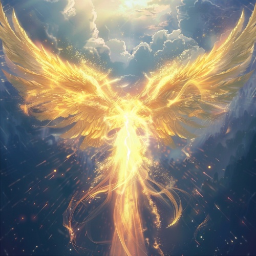 高高翱翔的旧约炽天使，它的蓬勃燃烧着神圣的火焰；宽大的六个翅膀由柔软的羽毛织成，羽翼中央闪耀着炫目的金色光芒；浑身散发着青金色的光辉，宛如一道流动的光束。仿佛由纯净的水晶打造，洋溢着神圣的力量，彰显着无尽的庄严与尊贵；散发出慰藉与助人的光芒。