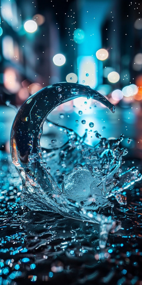 A small glass figure of the moon god kneeling on its knees, standing in a dark wet street with glowing particles floating around it at night time, macro photography of water drops and splashes, made from clear crystal or ice with a minimalistic, simple design and flat perspective, shot in the style of Canon EOS R5.