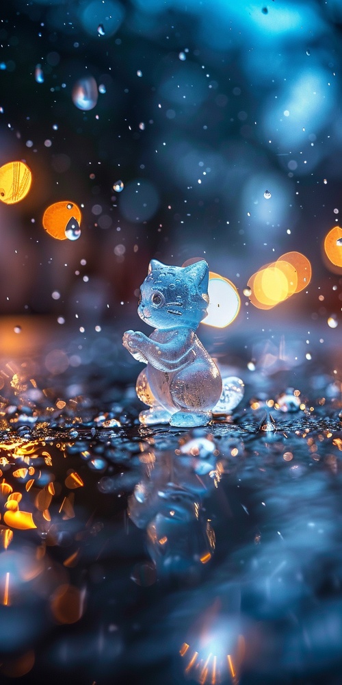 A small glass figure of the moon god kneeling on its knees, standing in a dark wet street with glowing particles floating around it at night time, macro photography of water drops and splashes, made from clear crystal or ice with a minimalistic, simple design and flat perspective, shot in the style of Canon EOS R5.