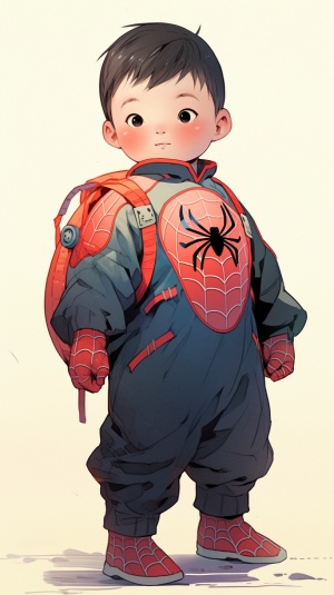 亞裔小男孩穿蜘蛛俠潛水服的肥胖好奇八歲兒童
