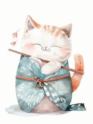 一片粽叶包着一只可爱的小奶猫，水彩风格，粉蓝色，高清