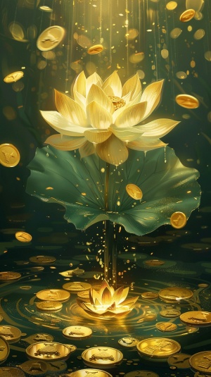 画一大朵金色的金莲，金光闪闪金碧辉煌好多金币再周围的水边