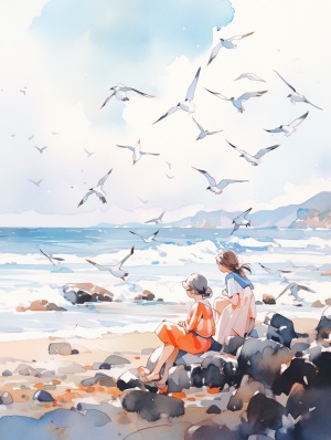 Outsiders,on the beach by the sea,with a distant view of the sea,ships,seagulls,waves,children's stories,polka dot style,watercolor,dots,colorful,clever color schemes.,