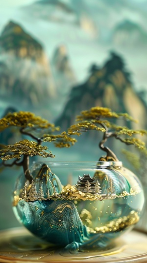 迷你景观，中国景观，玻璃中，山的3D立体效果，蓝绿色配色方案，金线，自然光，全景构图，模糊前景，HD 8K