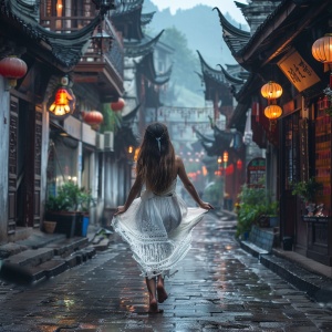 一美少女，身穿白色连衣裙，走在江南水乡大街上，街道两旁中色古建筑