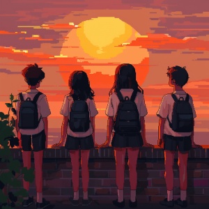 夕阳下，4个同学黑色的背影，一个略高，一个咯胖，两个身材适中