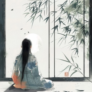 窗外竹影婆娑，安静的依附在窗户边，树上知了不停的鸣叫，少女坐在窗前对月思索
