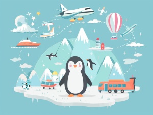 一只小企鹅去旅行，每个地点它都有不同的交通工具，最终它到达了目的地——南极，简笔画彩色